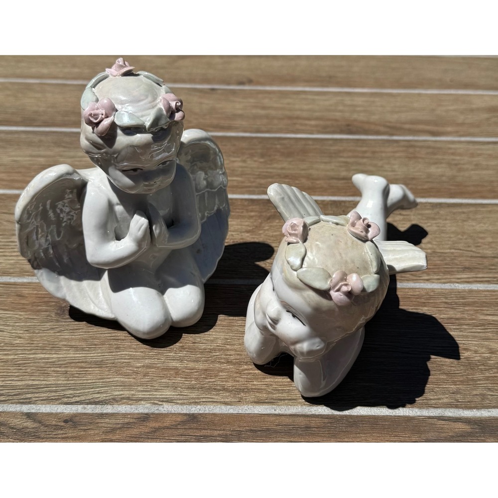 Vintage Iridescent Porcelain Cherub Angel Figurines Set Pink Roses White Japan